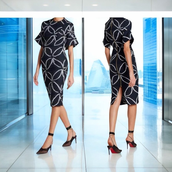 ROLAND MOURET “BANCROFT” BLUE GEOMETRIC PRINT EMBROIDERED MIDI PENCIL DRESS SZ 6 - Picture 8 of 15